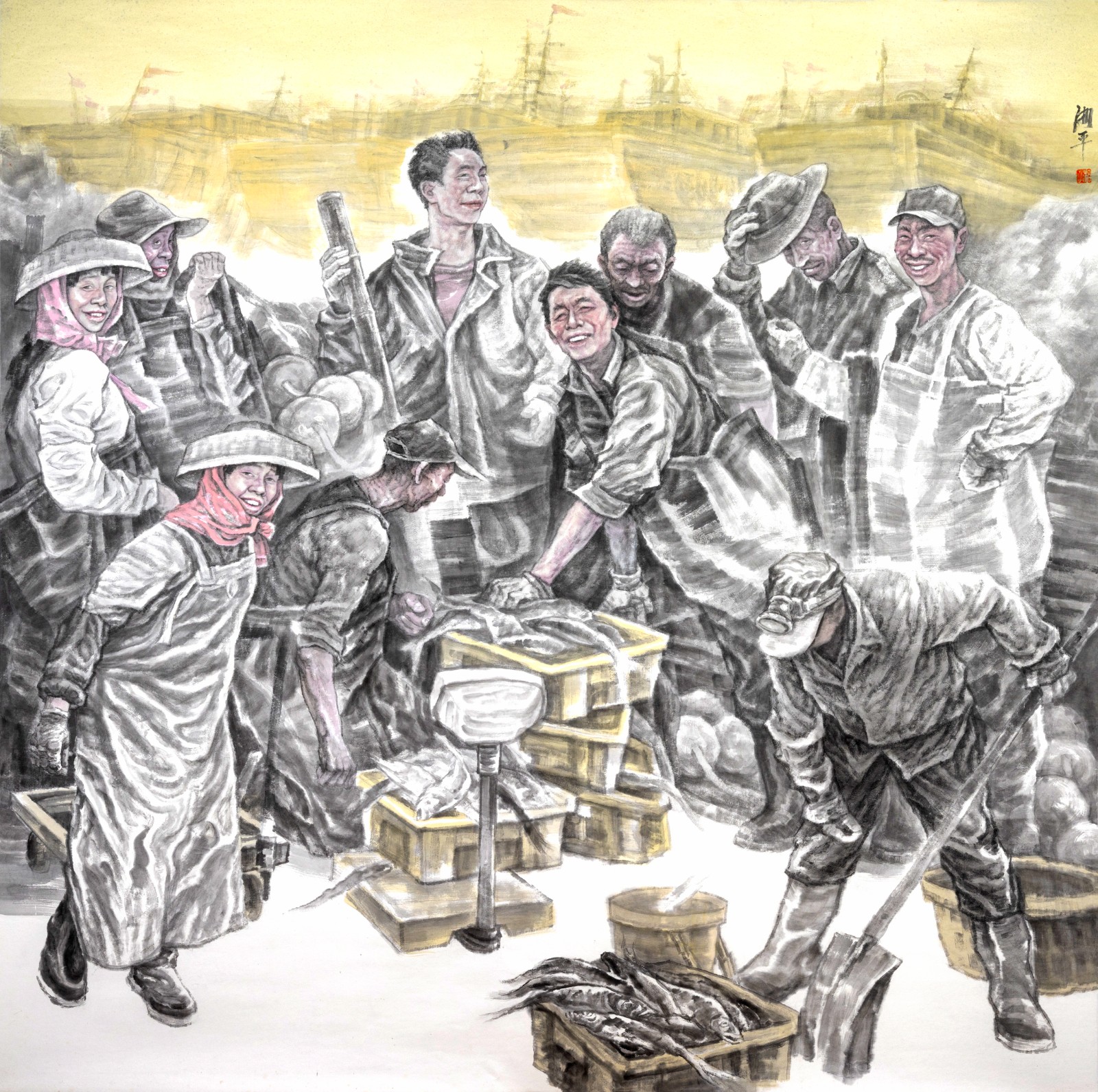 曲湘平《渔季》中国画 200x200cm.jpg